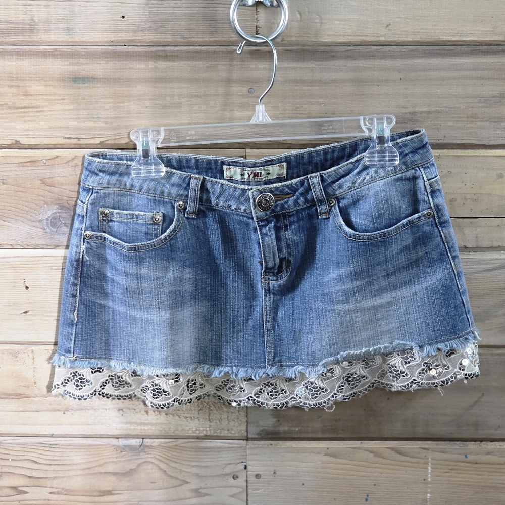 YMI Light Blue Denim Mini Skirt with Cream Lace And Sequin Hem